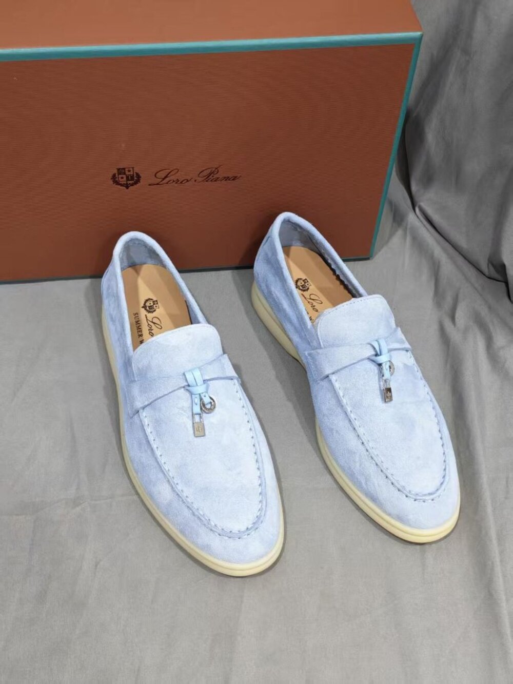 Loro Piana Baby Blue Suede Tassel Charm Slip-On Loafer Flats
